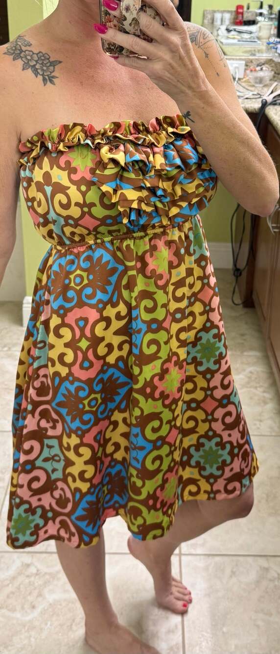 Judith March dress large elastic waist tube top floral yellow blue brown preppy